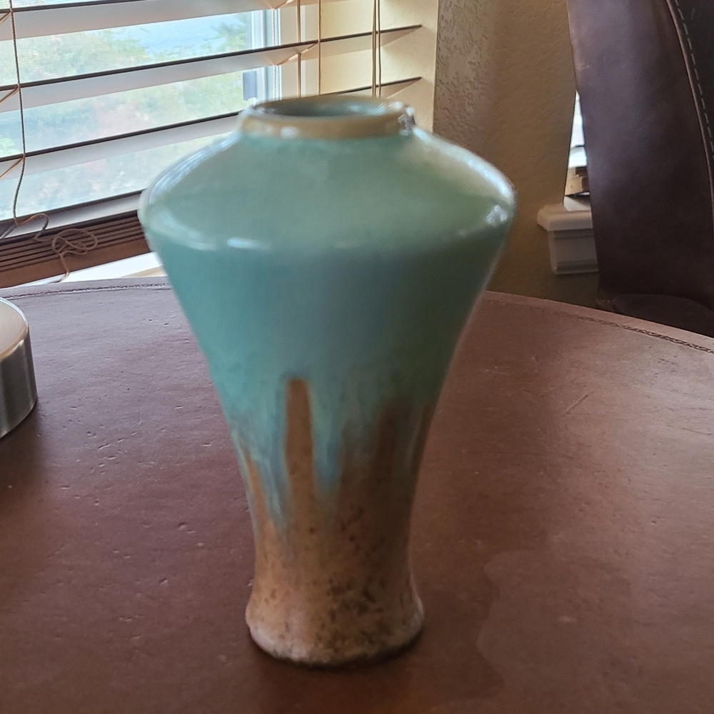 Arts & Crafts style studio pottery vase with beautiful soft blue and brown glaze